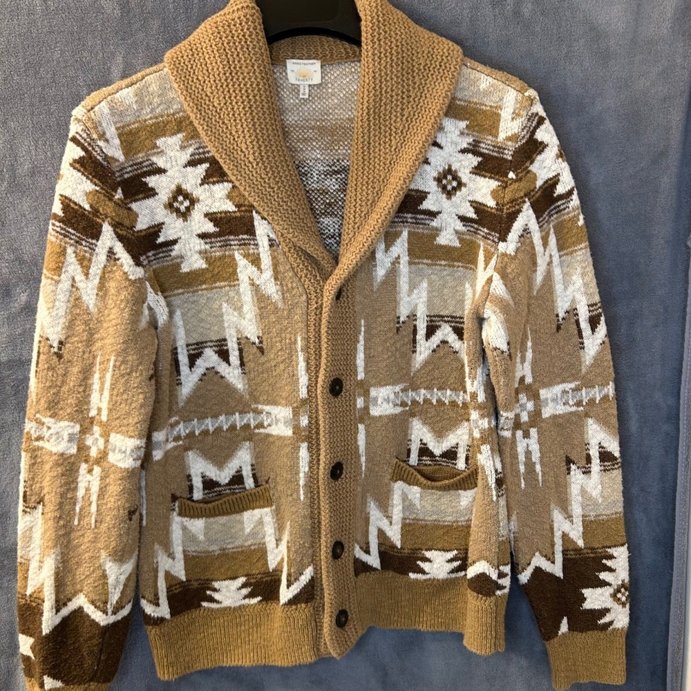 Faherty Good Feather Mens M Organic Cotton Cardigan Sweater Southwestern Brown
